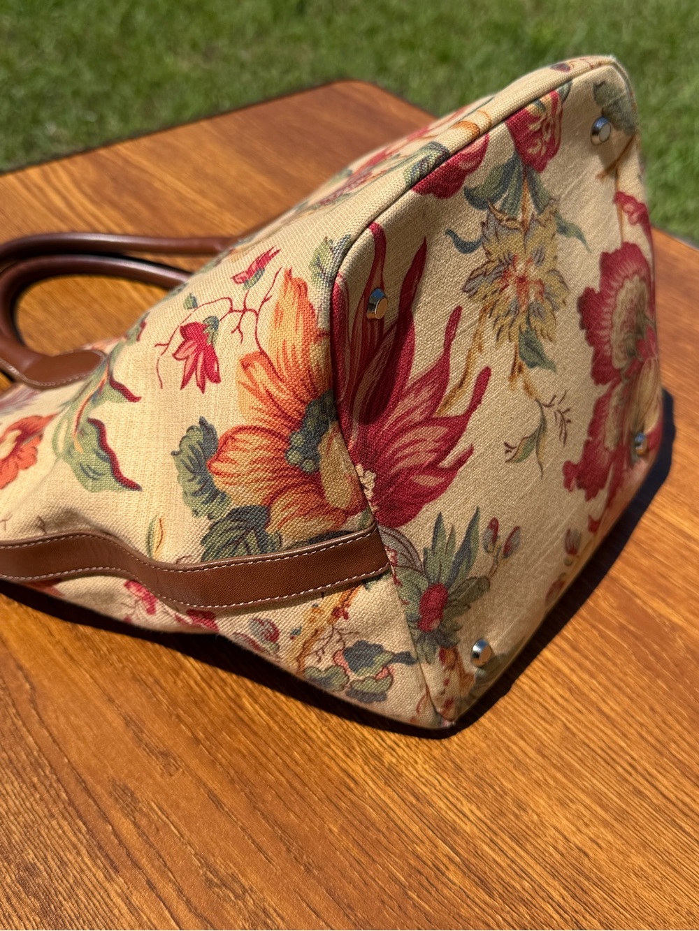 Talbots Floral Tapestry Tote Bag Canvas Leather Trim Boho Cottagecore - Picture 5 of 15